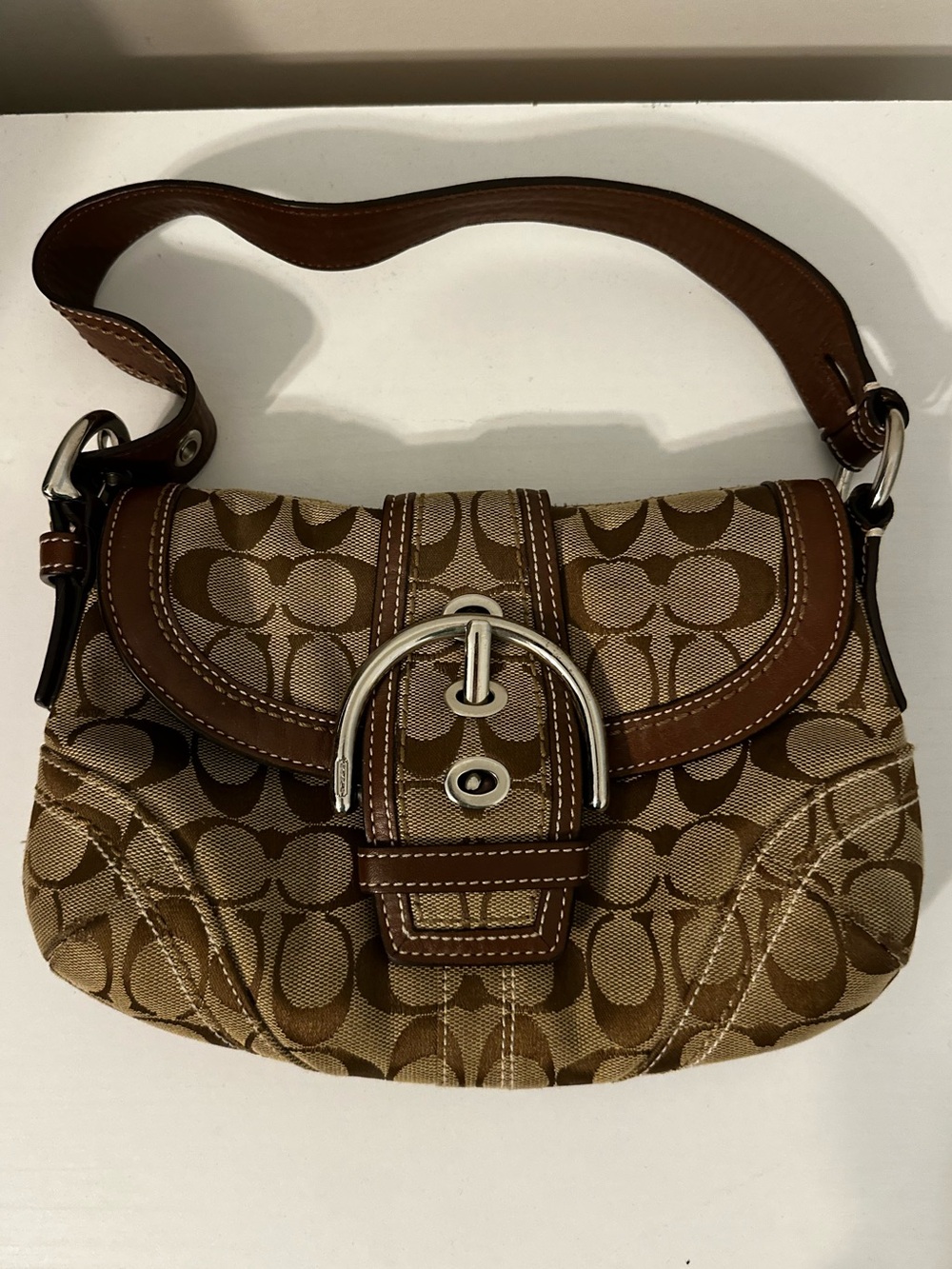 Coach Tan Signature Canvas Shoulder Bag with Buckle - Vintage Y2K Style
